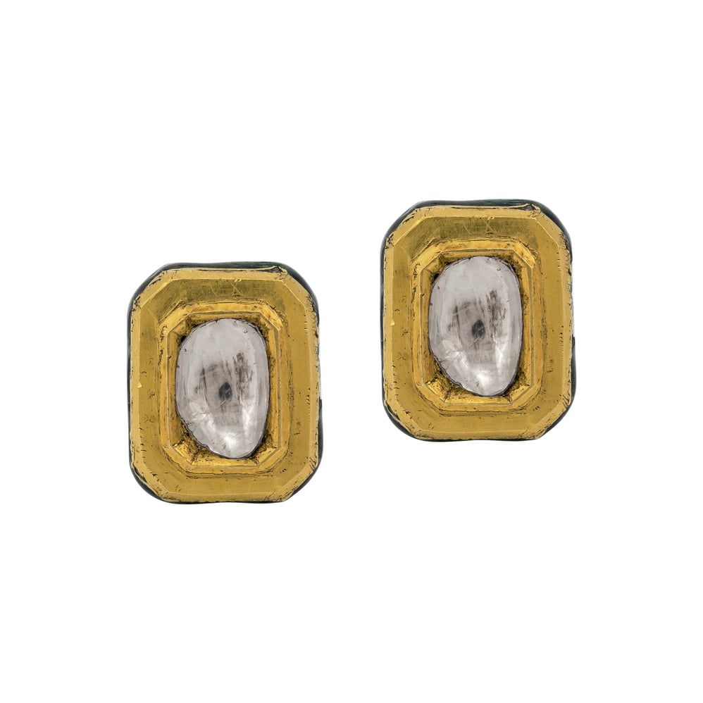 Rectangular Polki Stud Earrings in Gold Finish